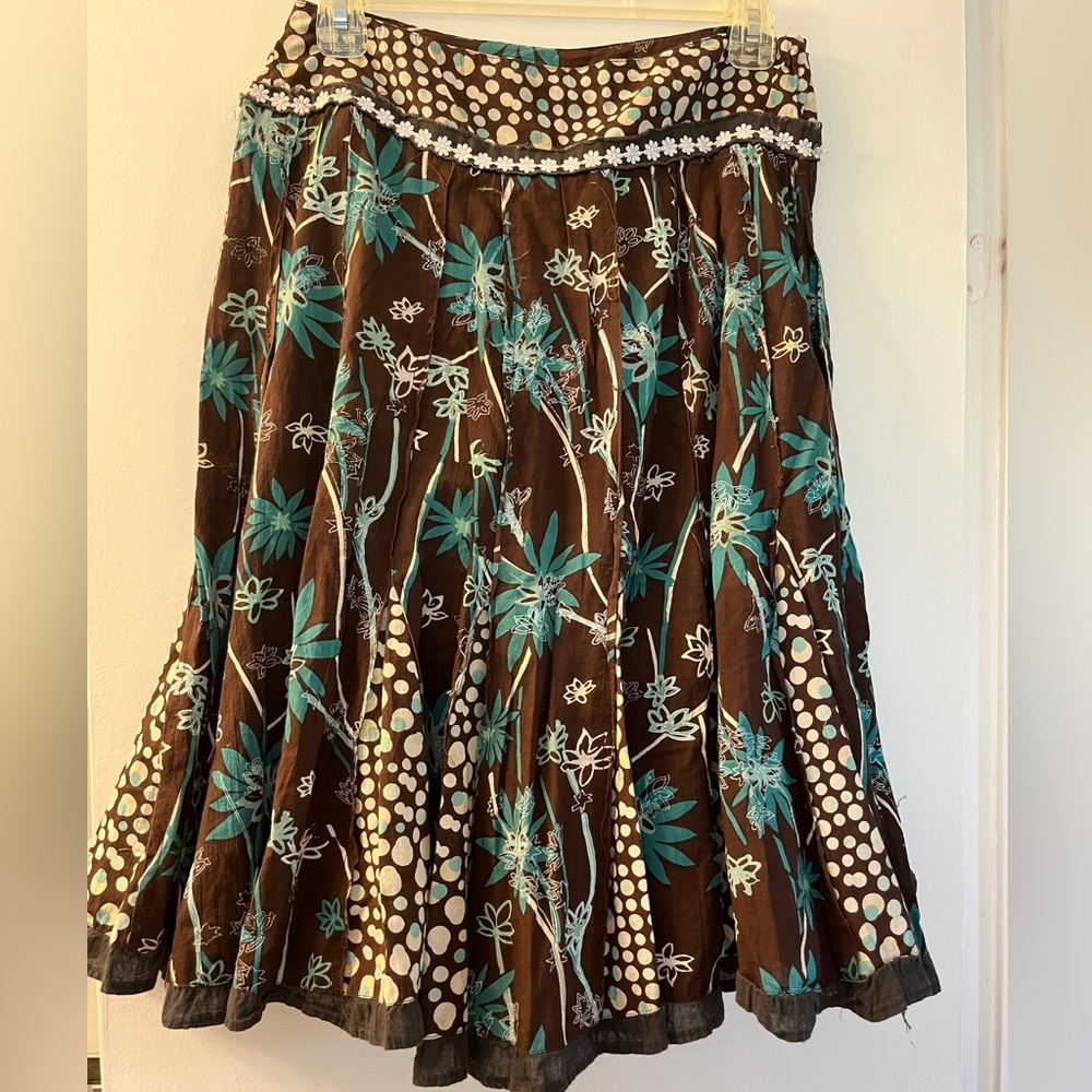 Brown & Teal Floral Midi Skirt - Casual Boho Style
